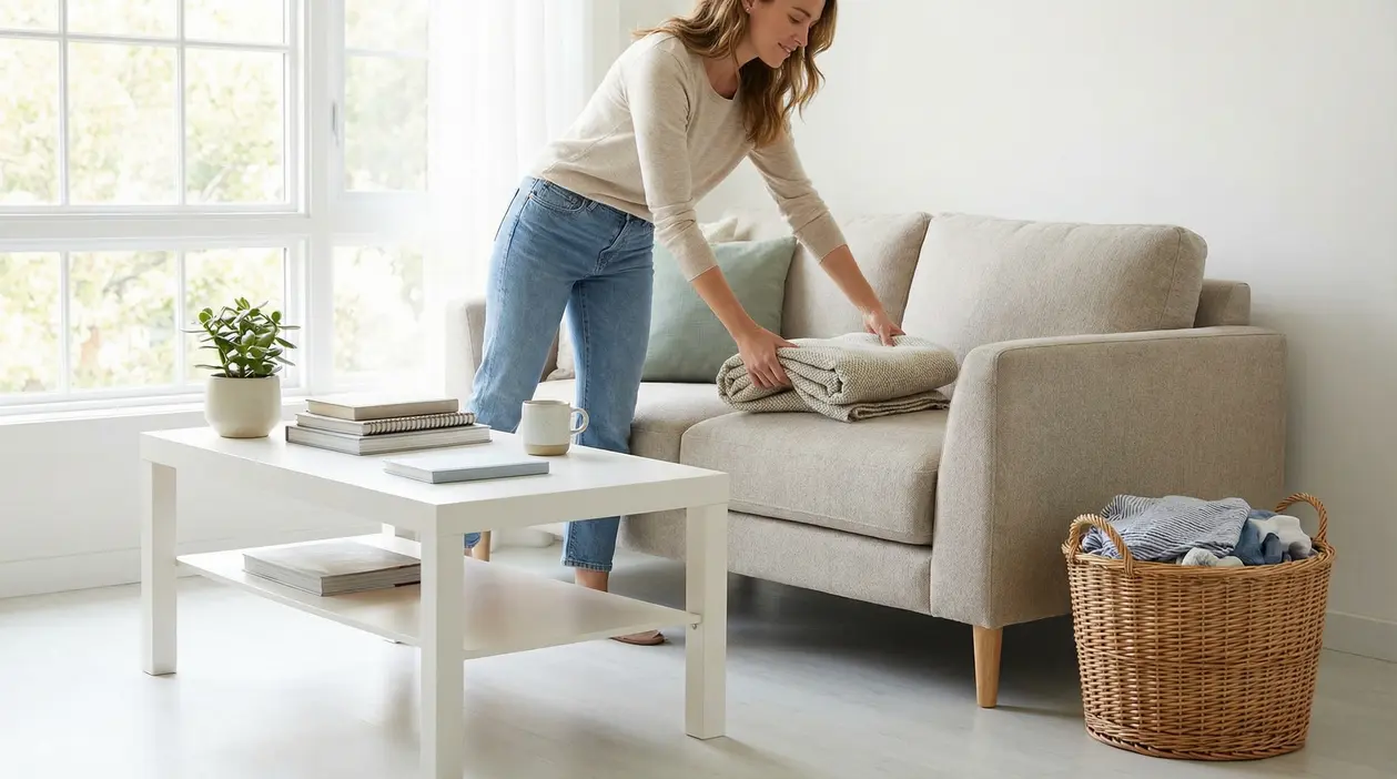 Persona che sistema una coperta su un divano in un soggiorno ordinato e luminoso