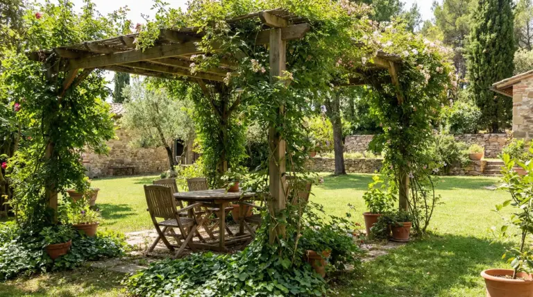 Pergolato in legno coperto da piante rampicanti in un giardino soleggiato