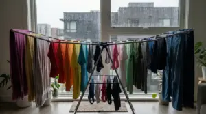 Biancheria colorata stesa su uno stendino interno davanti a una finestra in una giornata di pioggia