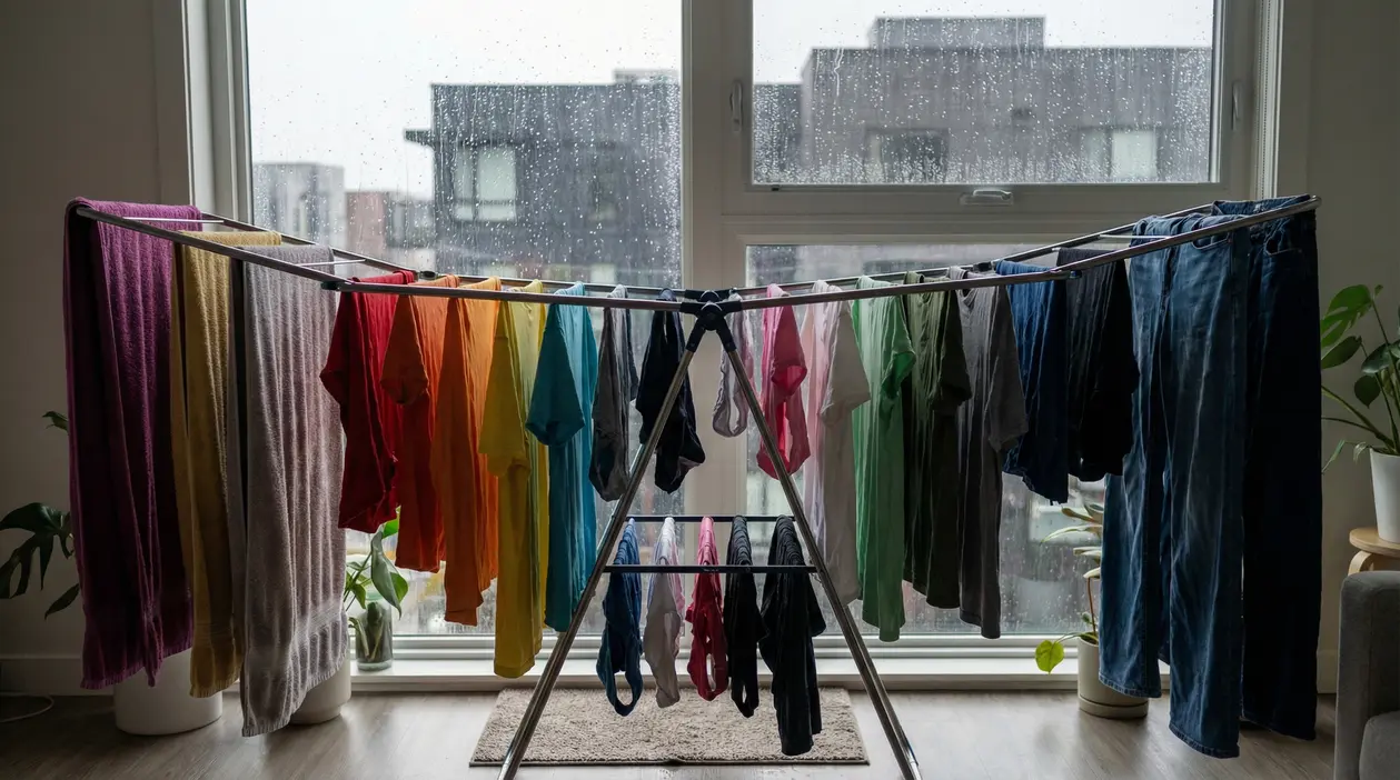 Biancheria colorata stesa su uno stendino interno davanti a una finestra in una giornata di pioggia