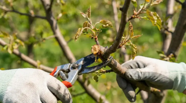 Mani con guanti potano un ramo di albero con cesoie da giardino