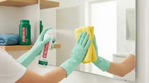 Una persona pulisce uno specchio con un panno giallo e spray Borotalco