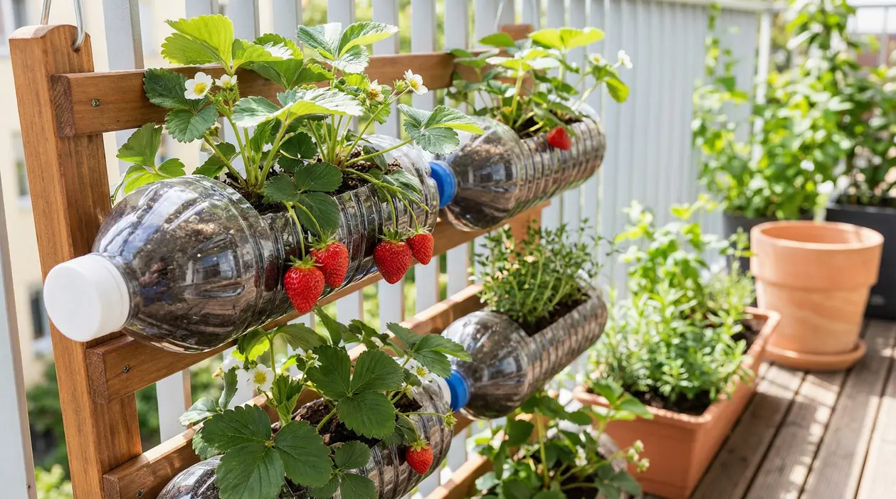 Piante di fragole che crescono in bottiglie di plastica appese su un graticcio in un balcone
