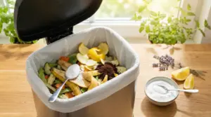 Pattumiera da cucina con scarti alimentari e rimedi naturali come bicarbonato e bucce di limone