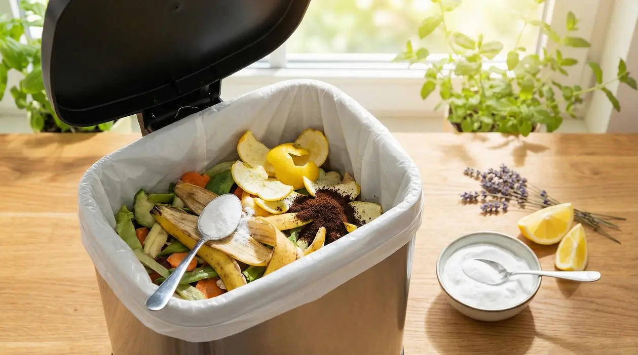 Pattumiera da cucina con scarti alimentari e rimedi naturali come bicarbonato e bucce di limone