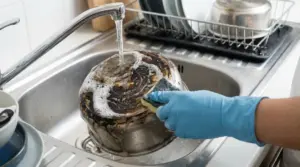 Mano con guanto pulisce una padella bruciata con spugna sotto acqua corrente