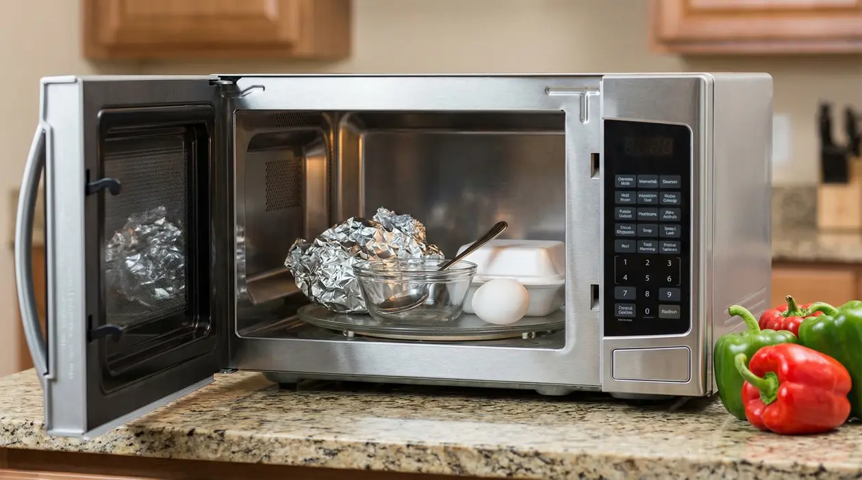 Oggetti non sicuri all'interno di un forno a microonde aperto su un piano cucina