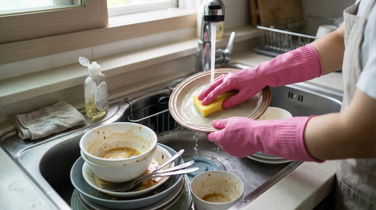 Persona lava un piatto a mano indossando guanti rosa davanti a un lavandino pieno di stoviglie sporche