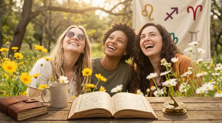 Tre persone sorridenti sedute tra i fiori con simboli zodiacali sullo sfondo