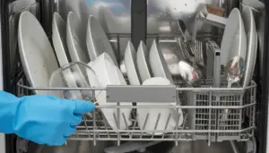 Una mano con guanto blu usa uno stuzzicadenti su un cestello di lavastoviglie pieno di piatti e posate