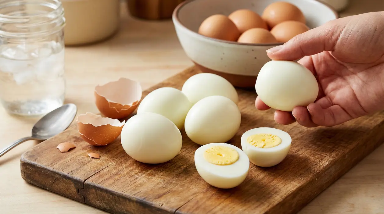 Uova sode sgusciate su un tagliere con una mano che ne tiene una