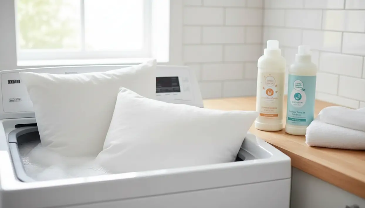 Due cuscini bianchi vengono lavati in lavatrice con detergenti specifici