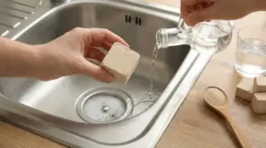 Una mano tiene un cubetto di lievito sopra un lavandino mentre un liquido viene versato