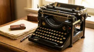 Macchina da scrivere antica su una scrivania in legno accanto a fogli e una penna