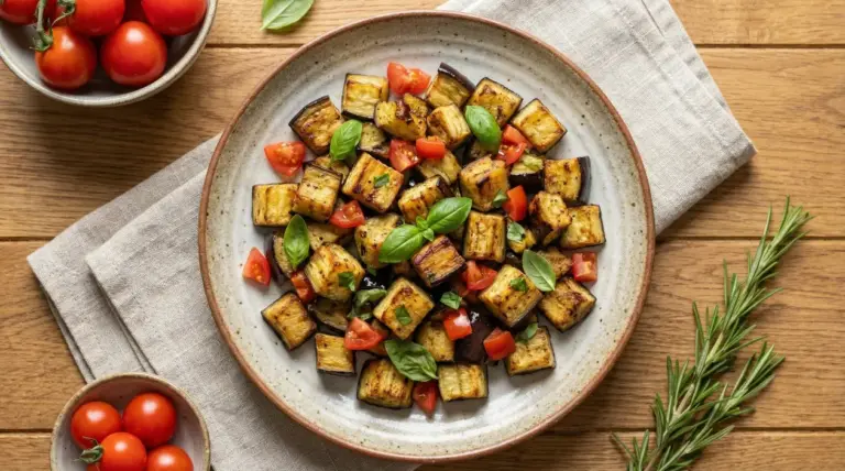 Piatto di melanzane grigliate a cubetti con pomodorini e basilico su tovaglietta di lino