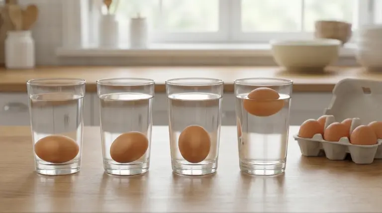 Uova immerse in bicchieri d'acqua per verificarne la freschezza