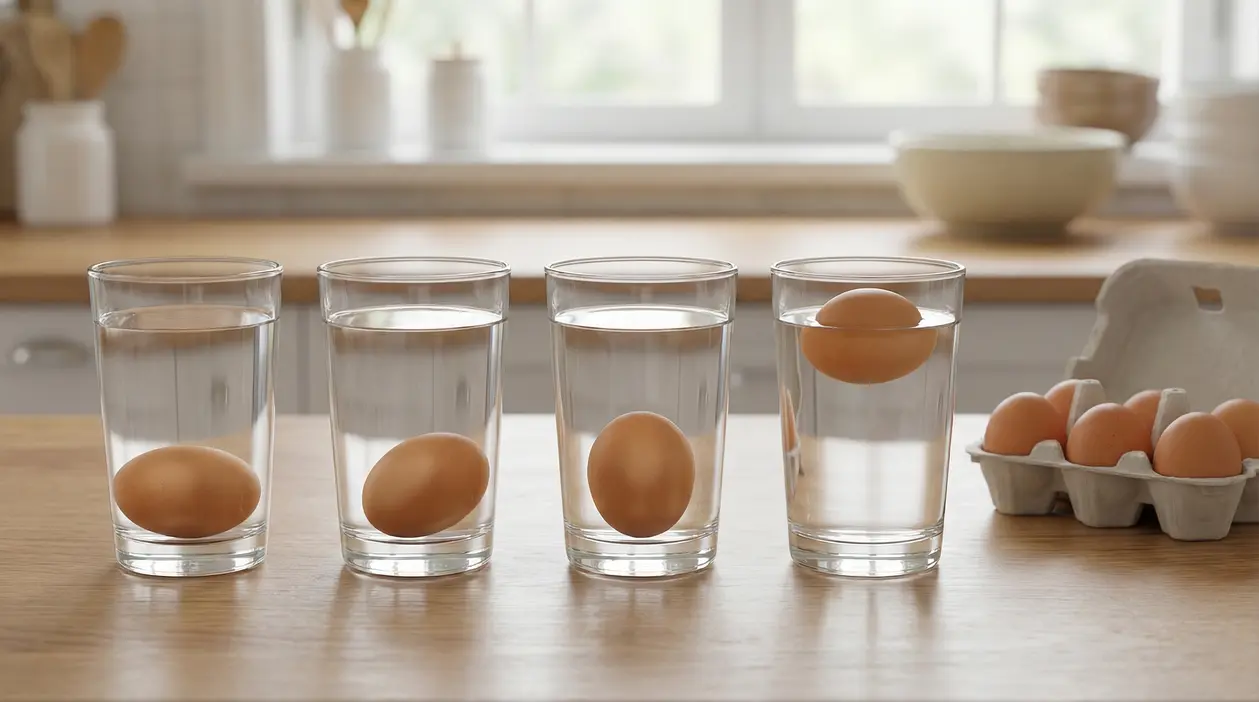 Uova immerse in bicchieri d'acqua per verificarne la freschezza