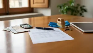 Tavolo con foglio paga, calcolatrice, banconote, guanti da lavoro e spazzola