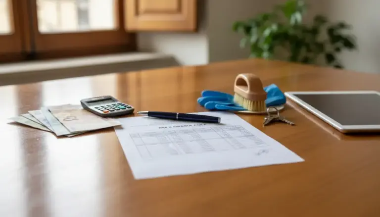 Tavolo con foglio paga, calcolatrice, banconote, guanti da lavoro e spazzola