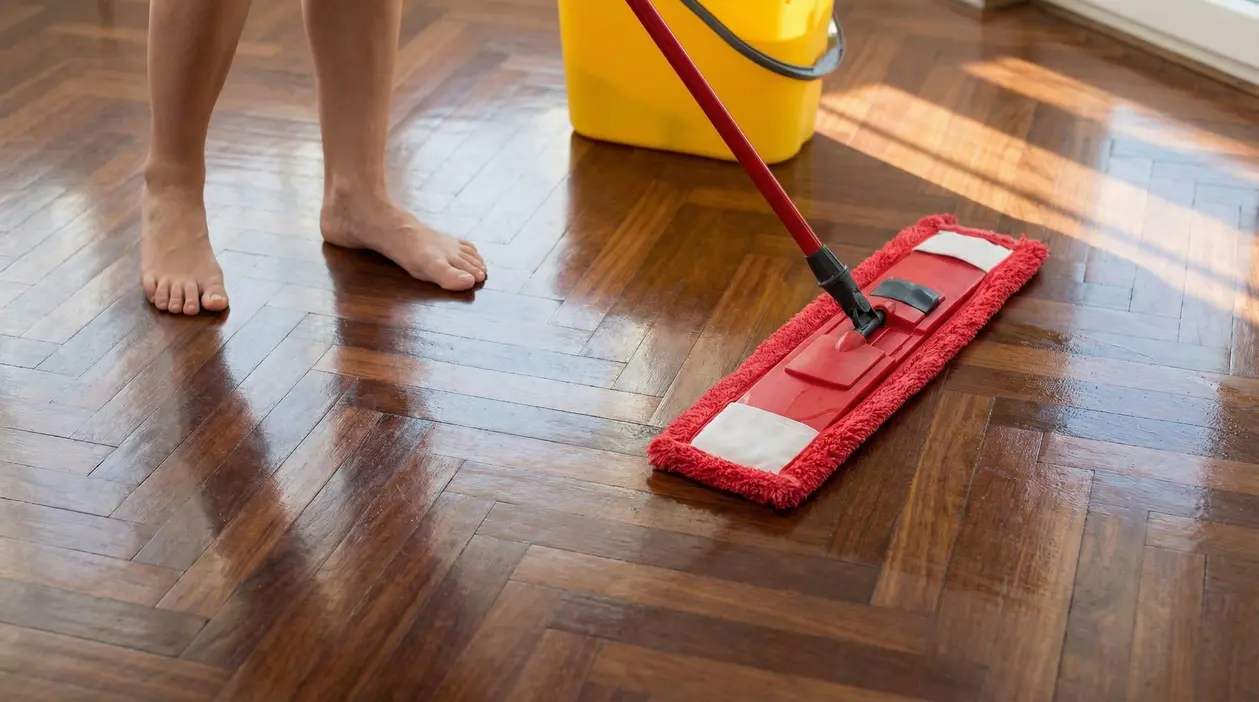 Pavimento in parquet lucido mentre viene pulito con un mocio rosso