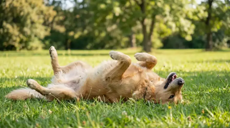 Cane che si rotola sull'erba in un parco soleggiato