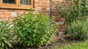 Piante aromatiche in un giardino vicino a una casa in mattoni con un topo sul terreno