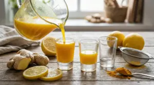 Preparazione di ginger shot con limone, zenzero e curcuma su un tavolo di legno