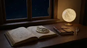 Scrivania con libro di costellazioni, astrolabio, mappamondo stellare e penna, vicino a una finestra notturna