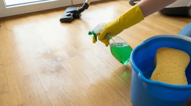 Persona con guanti gialli spruzza detergente verde su parquet accanto a spugna e secchio