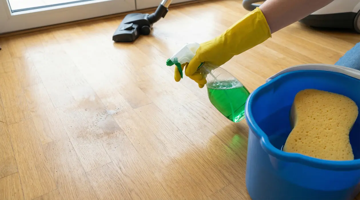 Persona con guanti gialli spruzza detergente verde su parquet accanto a spugna e secchio