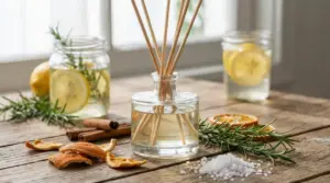 Profumatore naturale con bastoncini, agrumi, rosmarino e spezie su un tavolo di legno