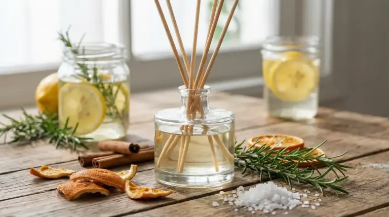 Profumatore naturale con bastoncini, agrumi, rosmarino e spezie su un tavolo di legno