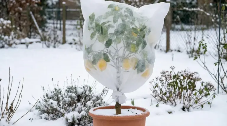 Pianta di limone in vaso coperta da un telo protettivo contro il gelo in un giardino innevato