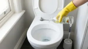 Una mano con guanto giallo versa aceto bianco in un water per la pulizia