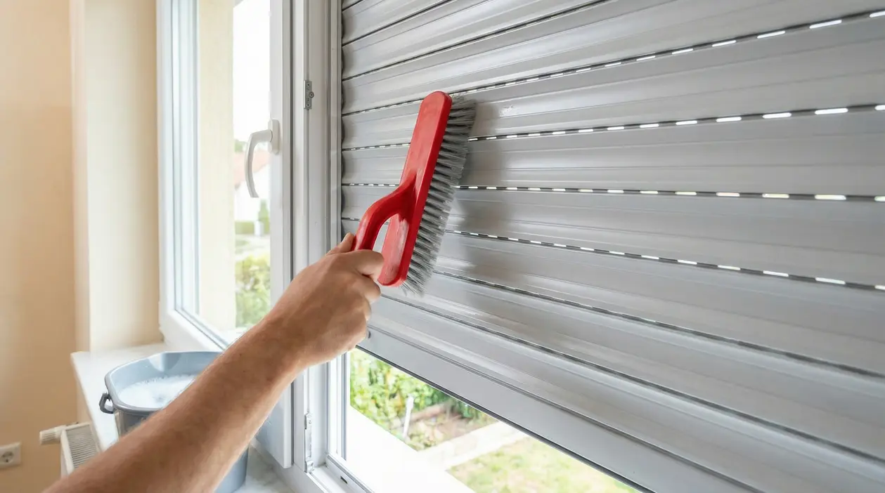 Persona che pulisce una tapparella con una spazzola rossa senza smontarla