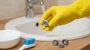 Mano con guanto giallo tiene un filtrino del rubinetto incrostato di calcare vicino a un lavandino