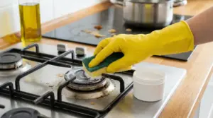 Una mano con guanto giallo pulisce un piano cottura con una spugna e un detergente bianco