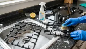 Mani con guanti blu che puliscono una griglia del piano cottura con spazzola e detersivo