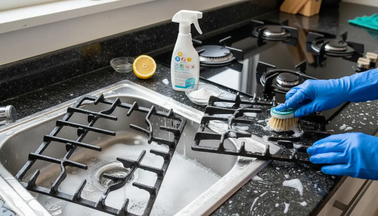 Mani con guanti blu che puliscono una griglia del piano cottura con spazzola e detersivo