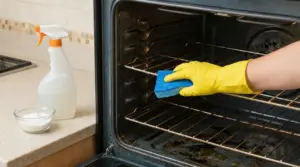 Persona con guanto giallo pulisce un forno incrostato con una spugna blu