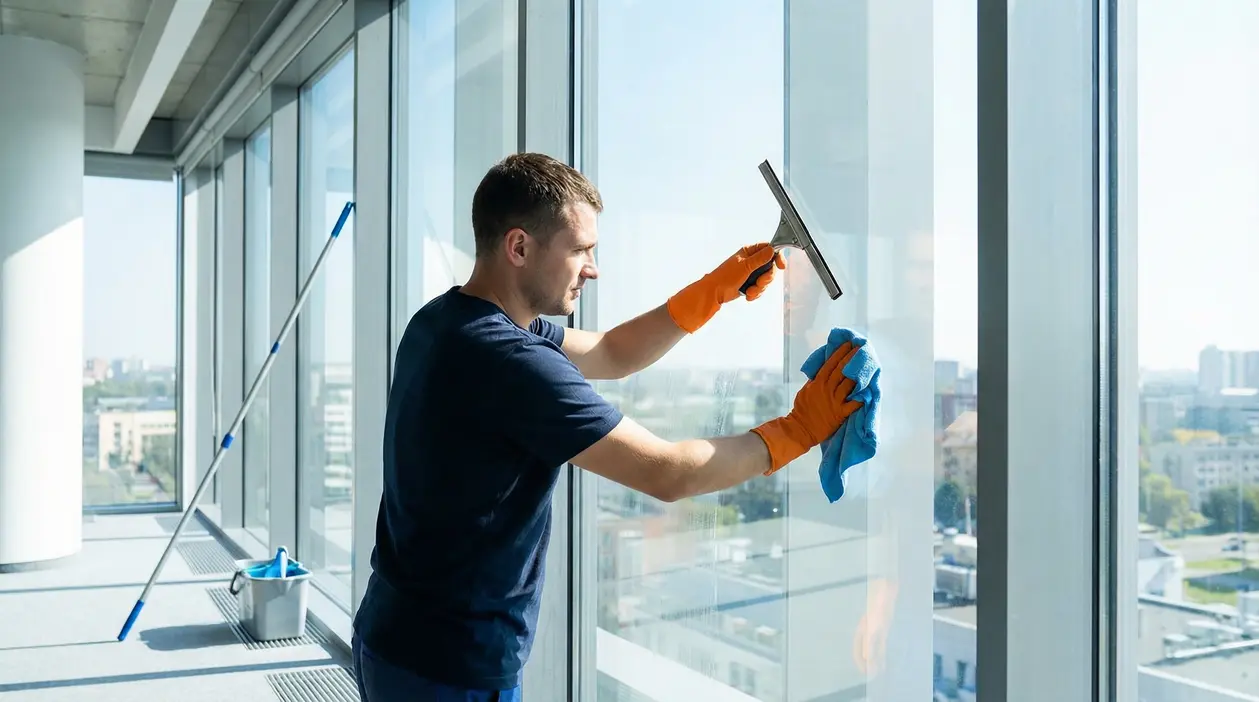 Persona che pulisce una grande vetrata con un tergivetro e un panno