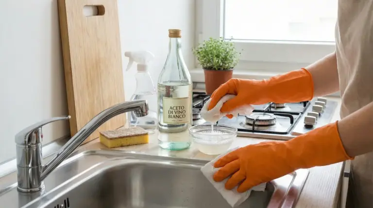 Persona con guanti arancioni pulisce il lavello della cucina con aceto di vino bianco