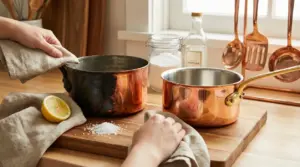 Due pentole di rame, una annerita e una lucida, su un tagliere con limone, sale e panni per pulizia