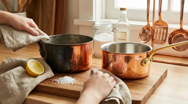 Due pentole di rame, una annerita e una lucida, su un tagliere con limone, sale e panni per pulizia