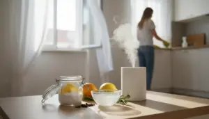 Diffusore di aromi acceso su un tavolo con limone, bicarbonato e spezie in una cucina luminosa