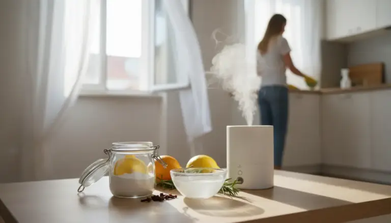 Diffusore di aromi acceso su un tavolo con limone, bicarbonato e spezie in una cucina luminosa