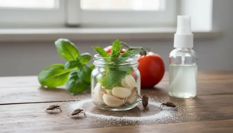 Barattolo con aglio e menta, spray naturale e cimici su un tavolo in legno