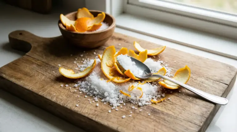 Bucce d’arancia e sale grosso su un tagliere di legno con cucchiaio