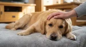 Cane sdraiato su una coperta mentre una mano gli tocca la testa