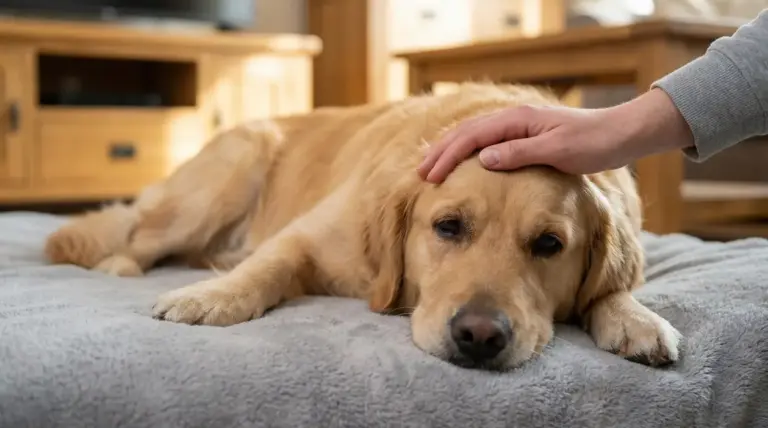 Cane sdraiato su una coperta mentre una mano gli tocca la testa